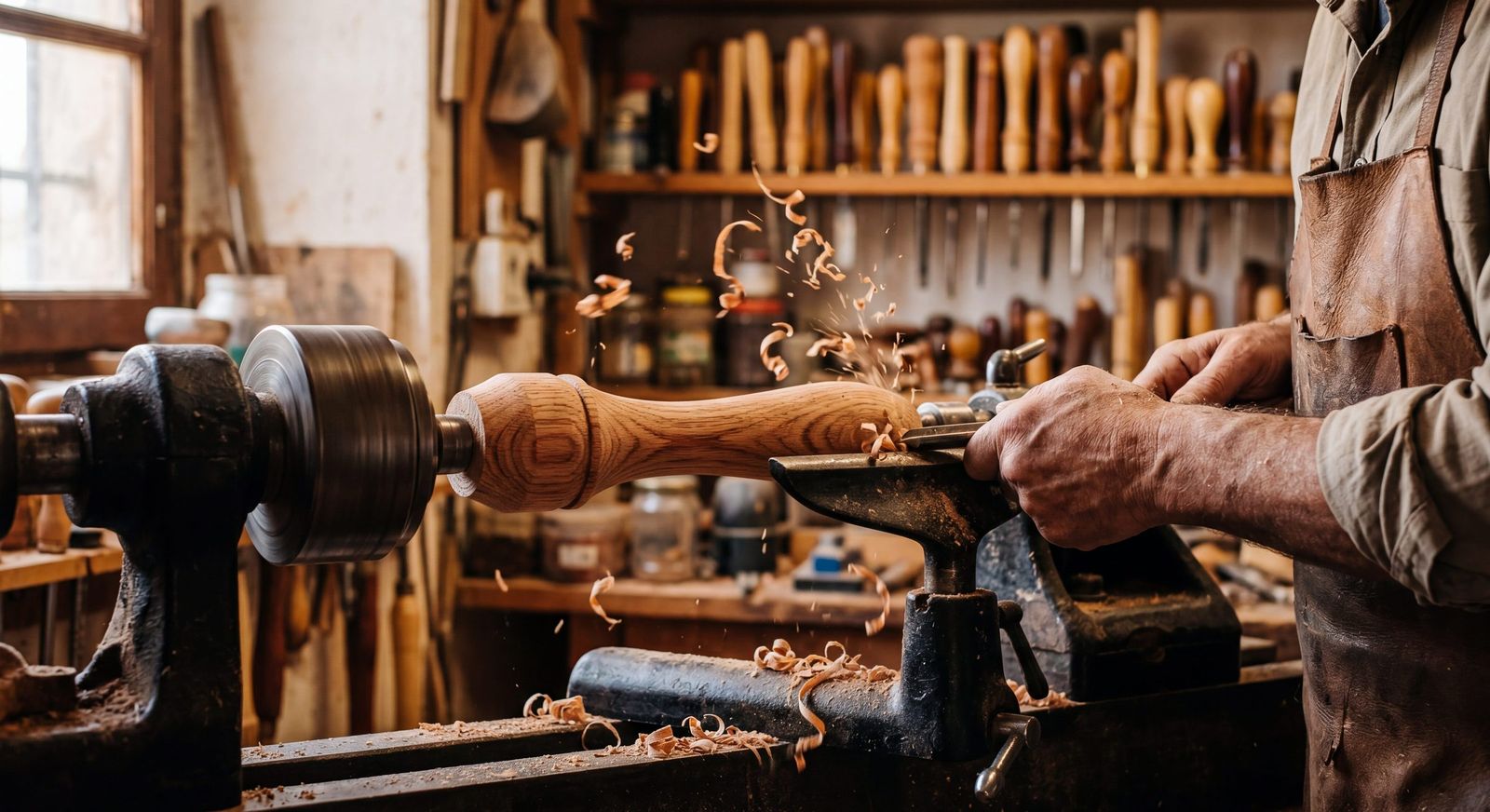 Turning red oak handles on a lathe